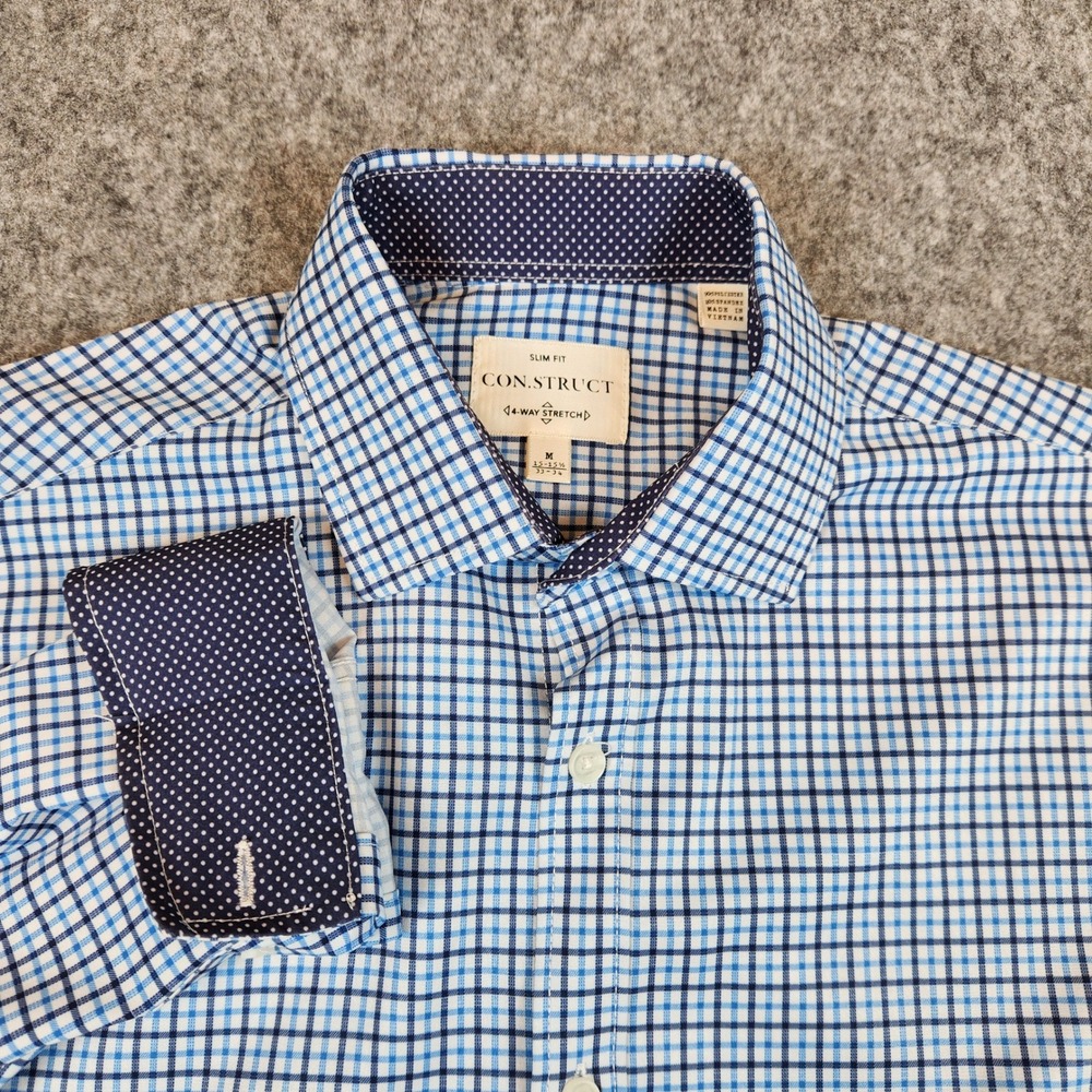 CON.STRUCT‎ Slim Fit Button Down Shirt Men M Blue Check 4 Way Stretch Flip Cuff